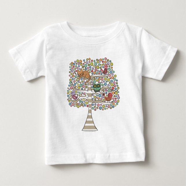 Cute Cat Owl & Birds Sittin in a Tree Illustration Baby T-Shirt (Front)