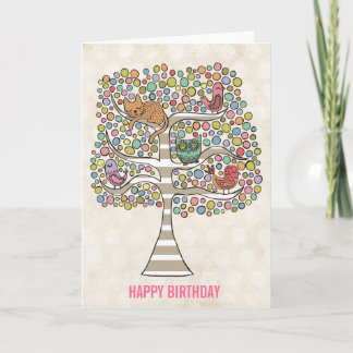 Cute Cat Owl & Birds Sittin in a Tree Illustration Card