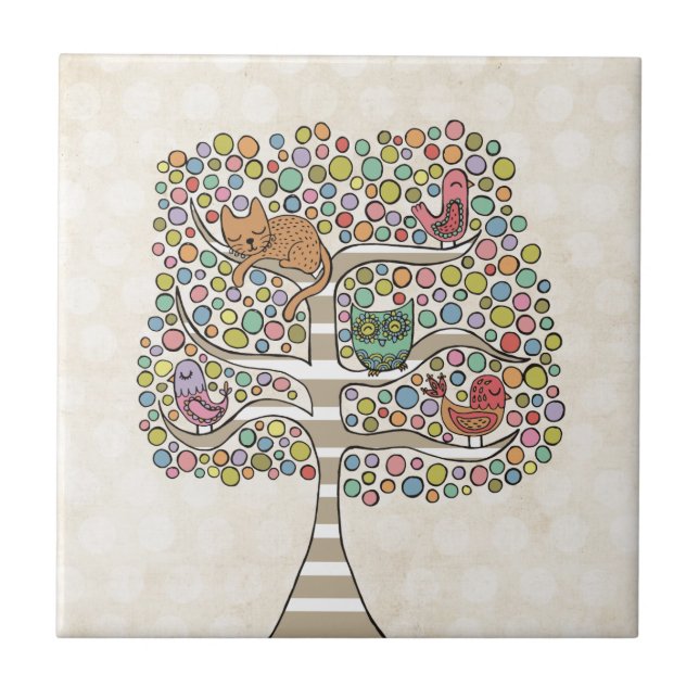 Cute Cat Owl & Birds Sittin in a Tree Illustration Ceramic Tile (Front)