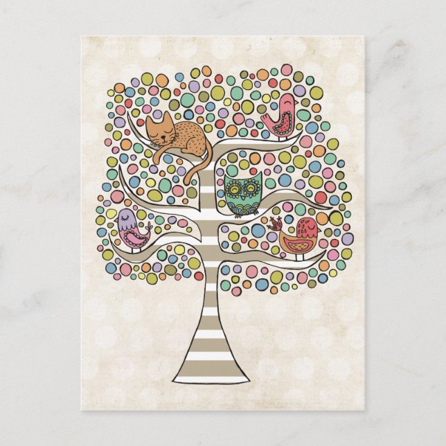 Cute Cat Owl & Birds Sittin in a Tree Illustration Postcard (Front)