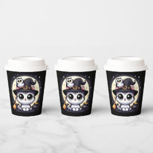 Cute Cat, Owl, Moon Cauldron and Witches Broom Paper Cups