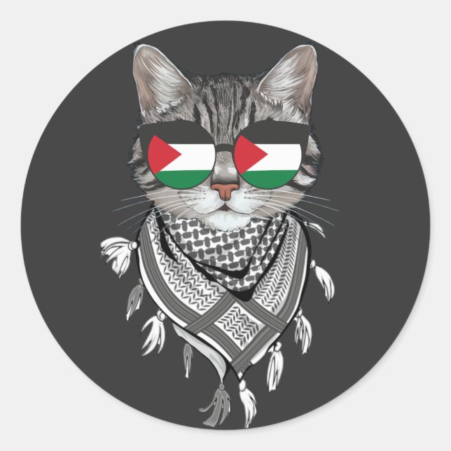 Cute Cat Palestine Flag Glasses Keffiyeh scarf Classic Round Sticker (Front)