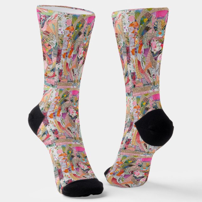 Cute Cat Paper Collage Socks (Angled)