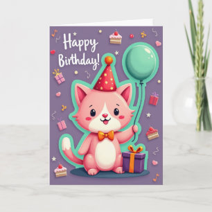 Cute Cat Party Hat Birthday Card