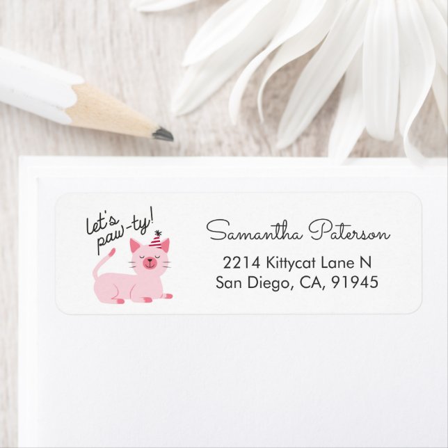Cute Cat Party Invitation Pink Return Address Label (Insitu)