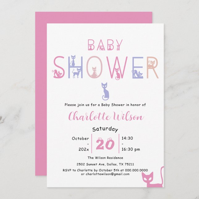 Cute Cat Pastel Colour Baby Shower Invitation (Front/Back)