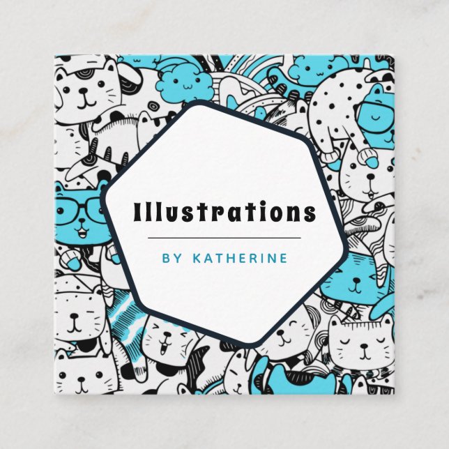 Cute Cat Pattern Cartoonist Graphic Designer Fun   Square Business Card (Front)