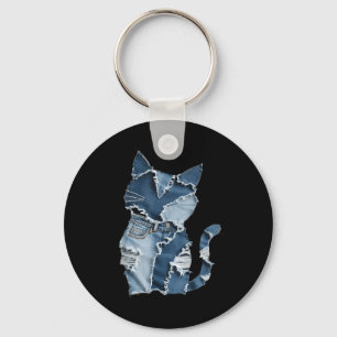 Cute Cat Pattern Denim Patchwork Funny Cat Lover Key Ring