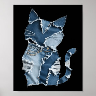 Cute Cat Pattern Denim Patchwork Funny Cat Lover Poster