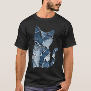 Cute Cat Pattern Denim Patchwork Funny Cat Lover T-Shirt