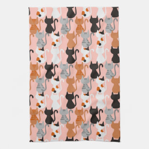 Cute Cat Pattern On Blush Pink Tea Towel