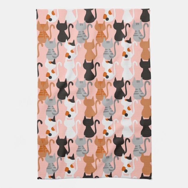 Cute Cat Pattern On Blush Pink Tea Towel (Vertical)