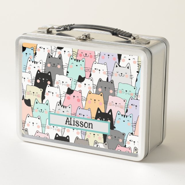 Cute Cat Pattern Personalised Name Metal Lunch Box (Front)