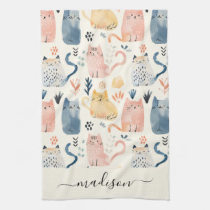 Cute cat pattern script name  tea towel