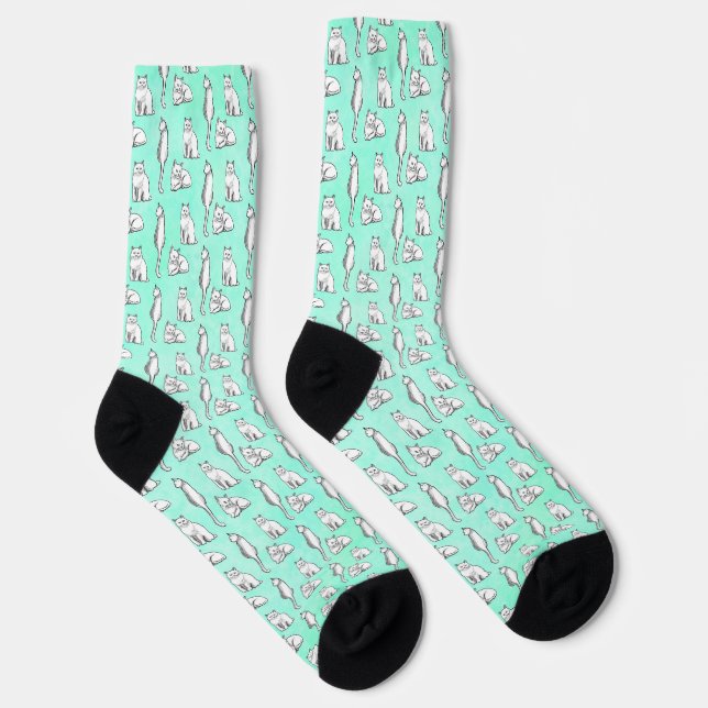 Cute Cat Pattern Teal Novelty  Socks (Right)