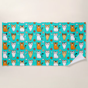 Cute Cat Pattern With Colourful Cats, Yarn Balls Beach Towel