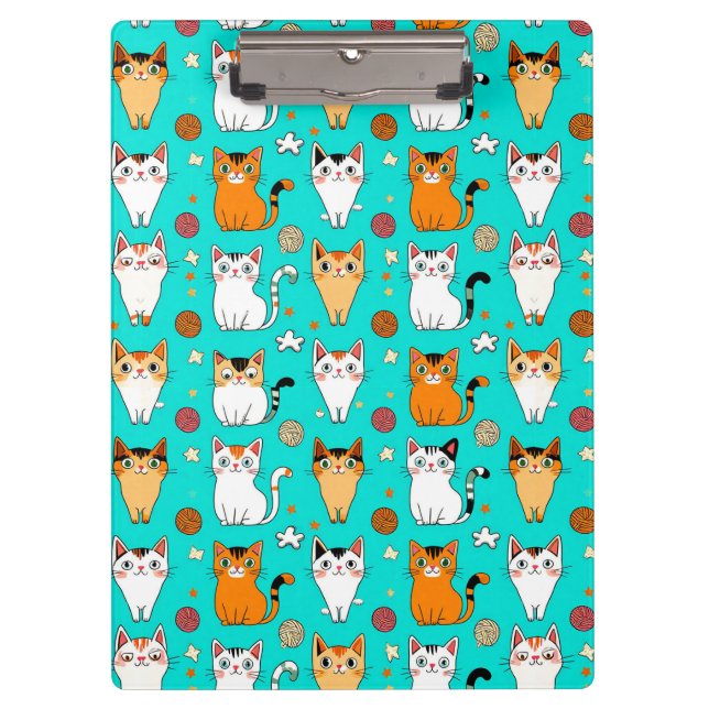 Cute Cat Pattern With Colourful Cats, Yarn Balls Clipboard (Front)