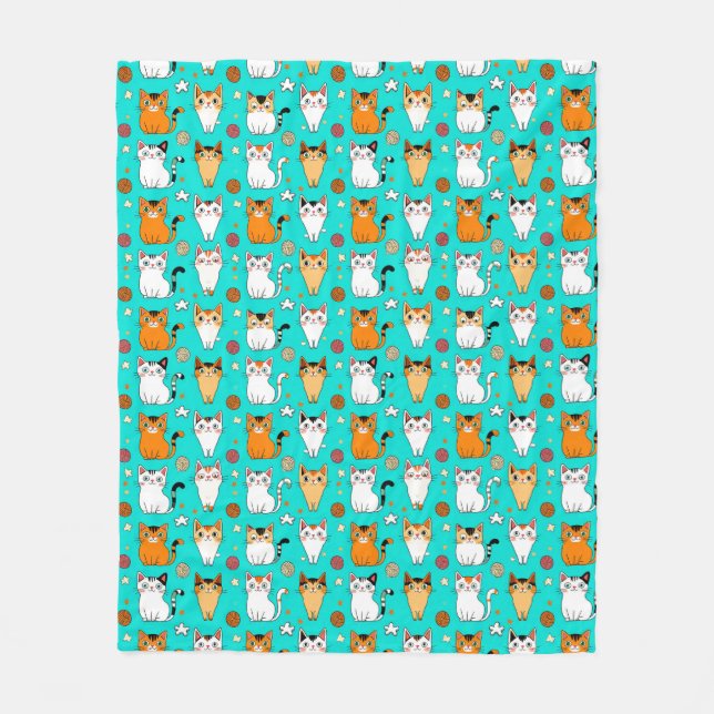 Cute Cat Pattern With Colourful Cats, Yarn Balls Fleece Blanket (Front)