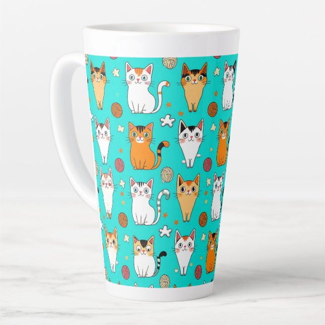 Cute Cat Pattern With Colourful Cats, Yarn Balls Latte Mug (Left Angle)