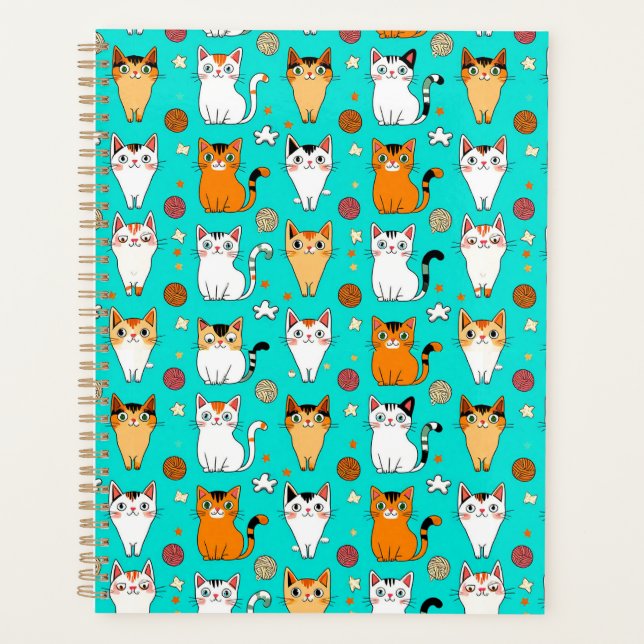 Cute Cat Pattern With Colourful Cats, Yarn Balls Planner (Front)