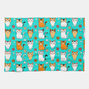 Cute Cat Pattern With Colourful Cats, Yarn Balls Tea Towel