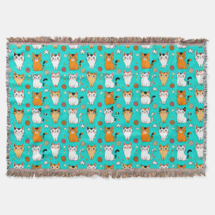 Cute Cat Pattern With Colourful Cats, Yarn Balls Throw Blanket