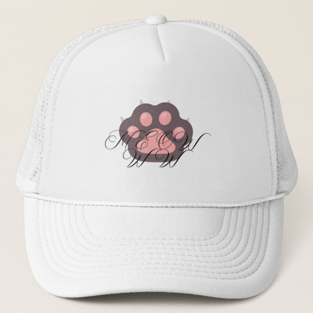  Cute Cat Paw "MEOW" Calligraphy – Adorable Kitty  Trucker Hat (Front)