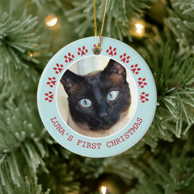 Cute Cat Paw Prints Photo Frame Christmas Ceramic Ornament (Tree)