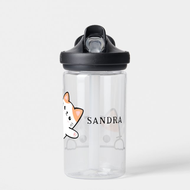 Cute Cat Peaking Custom Name Water Bottle (Front)