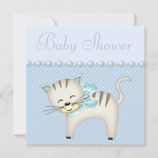 Cute Cat, Pearls & Hearts Blue Baby Boy Shower Invitation (Front)