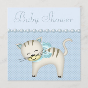 Cute Cat, Pearls & Hearts Blue Baby Boy Shower Invitation