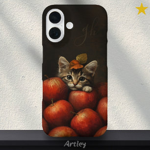 Cute Cat Peeking Apples Painting Custom Initials iPhone 16 Case