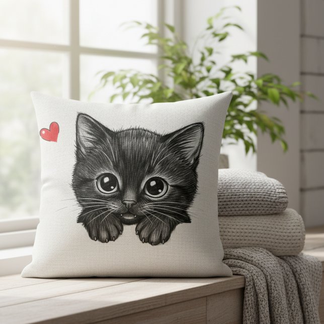 Cute Cat Peeking Black Kitten Heart Cushion (Creator Uploaded)