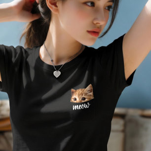 Cute Cat Peeking from Pocket Minimalist Black T-Shirt