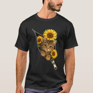 Cute Cat Peeking Through Zipper with Sunflowers T-Shirt