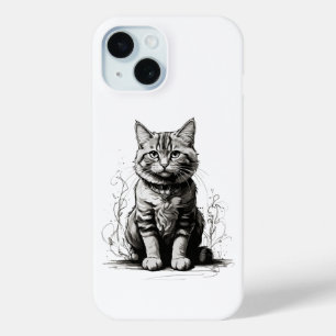 Cute Cat Pencil Sketch iPhone 15 Case