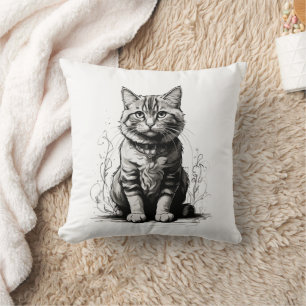 Cute Cat Pencil Sketch Cushion