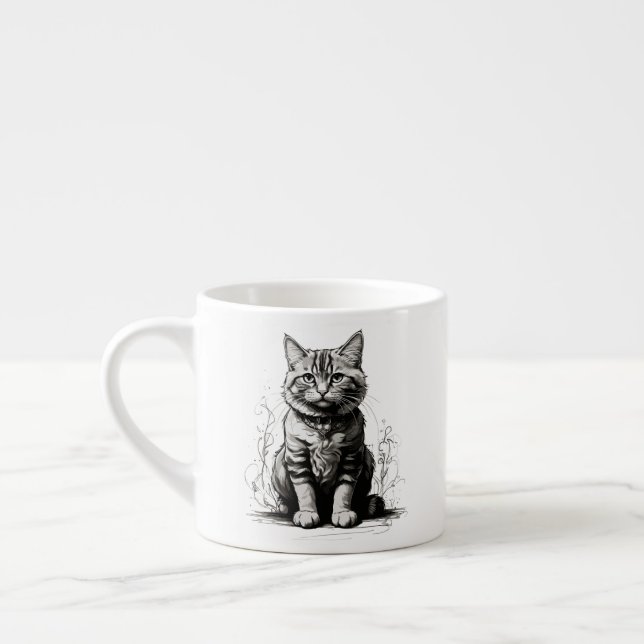 Cute Cat Pencil Sketch Espresso Cup (Left)