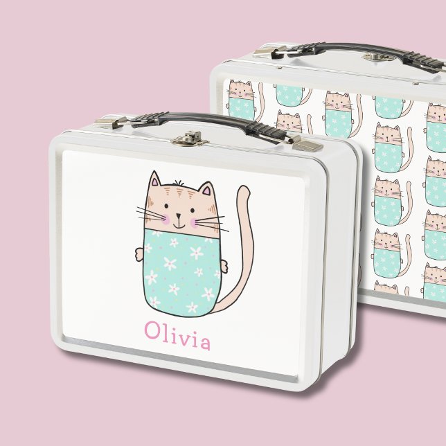 Cute Cat Personalised Custom Name Metal Lunch Box (Kitty Cat kids lunchbox - personalize to the front)