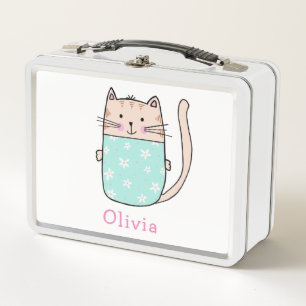 Cute Cat Personalised Custom Name Metal Lunch Box
