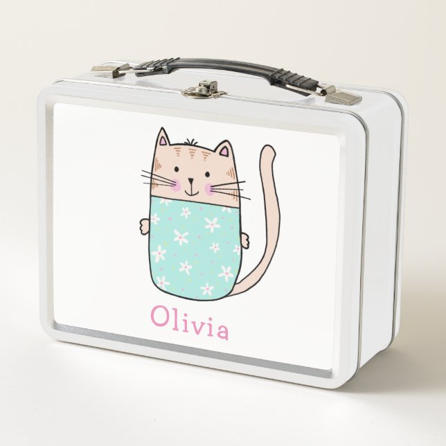 Cute Cat Personalised Custom Name Metal Lunch Box (Front)