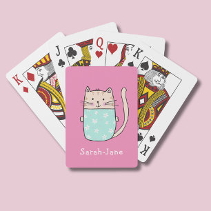 Cute Cat Personalised Custom Name Pink Playing Cards