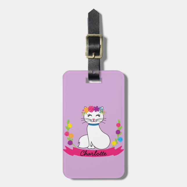 cute cat personalised name luggage tag (Front Vertical)