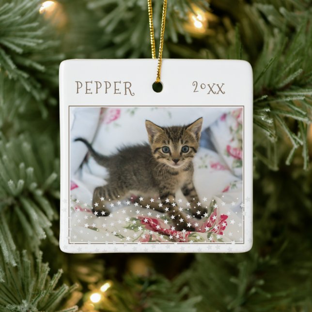 Cute Cat Pet 2 Photos Star Pattern Christmas Ceramic Ornament (Tree)