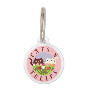Cute Cat Pet ID Tag Pink Tulips Name