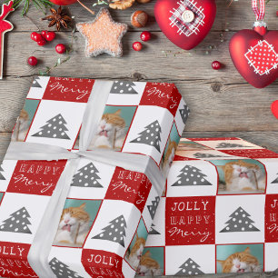 Cute Cat Pet Typography Christmas Tree Photo Wrapping Paper