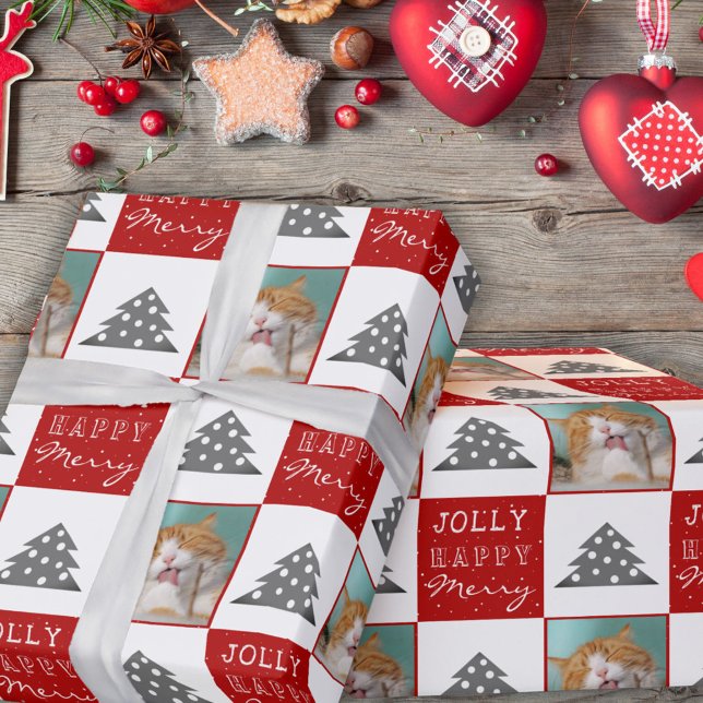 Cute Cat Pet Typography Christmas Tree Photo Wrapping Paper (Creator Uploaded)