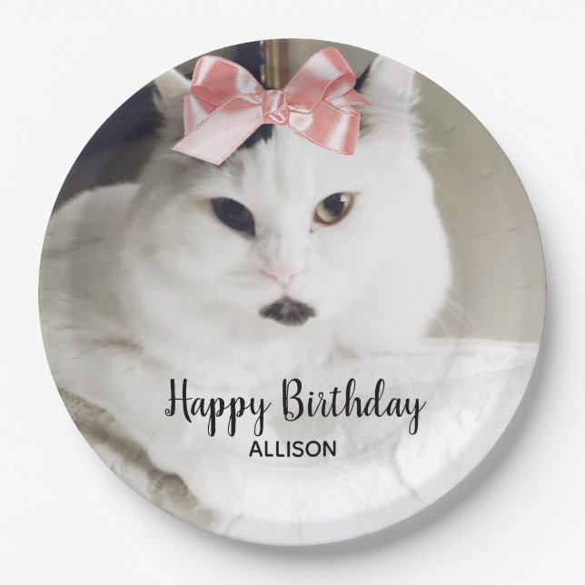 Cute Cat Photo Birthday White Pink Personalised Paper Plate (Front)