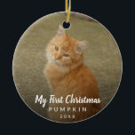 Cute Cat Photo My First Christmas Chalk Script Ceramic Ornament<br><div class="desc">Did you get a new kitten this year? Add a memory to your tree with this modern keepsake ornament featuring a simple yet elegant design with the message "My First Christmas" in white chalk script along with your cat's name and the year, over your favourite photo. Add the same photo...</div>