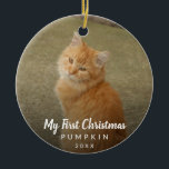 Cute Cat Photo My First Christmas Chalk Script Ceramic Ornament<br><div class="desc">Did you get a new kitten this year? Add a memory to your tree with this modern keepsake ornament featuring a simple yet elegant design with the message "My First Christmas" in white chalk script along with your cat's name and the year, over your favourite photo. Add the same photo...</div>